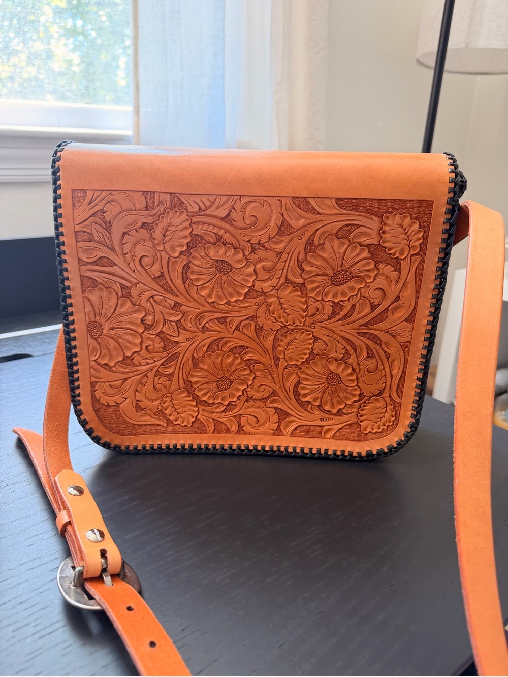 Nic + Maude Hand-Tooled Floral Tan Leather Crossbody Bag with Concho Accent - Picture 5 of 7